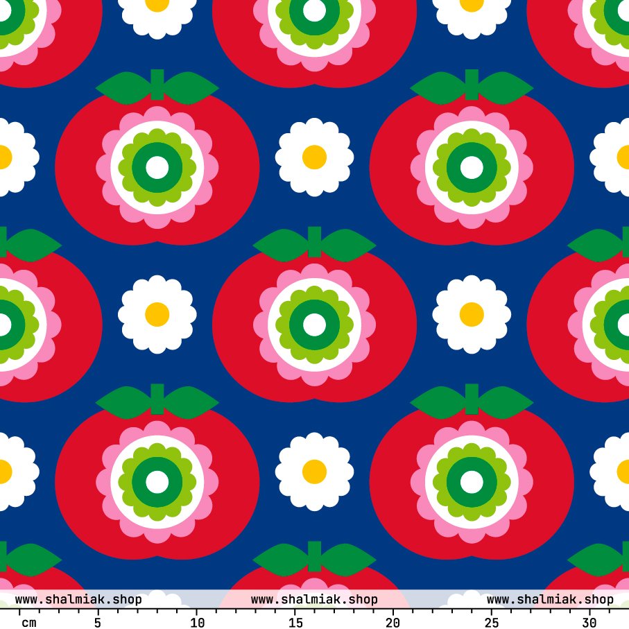 Fabric - GRAND APPLE blue - Bold apples and flowers print