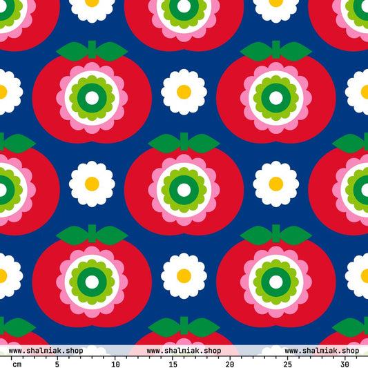 Fabric - GRAND APPLE blue - Bold apples and flowers print