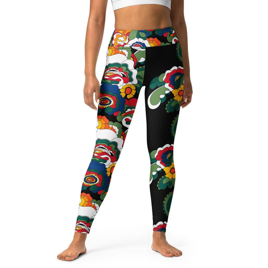 Yoga leggings - GROOVY KURBITS black - Folk floral print XL