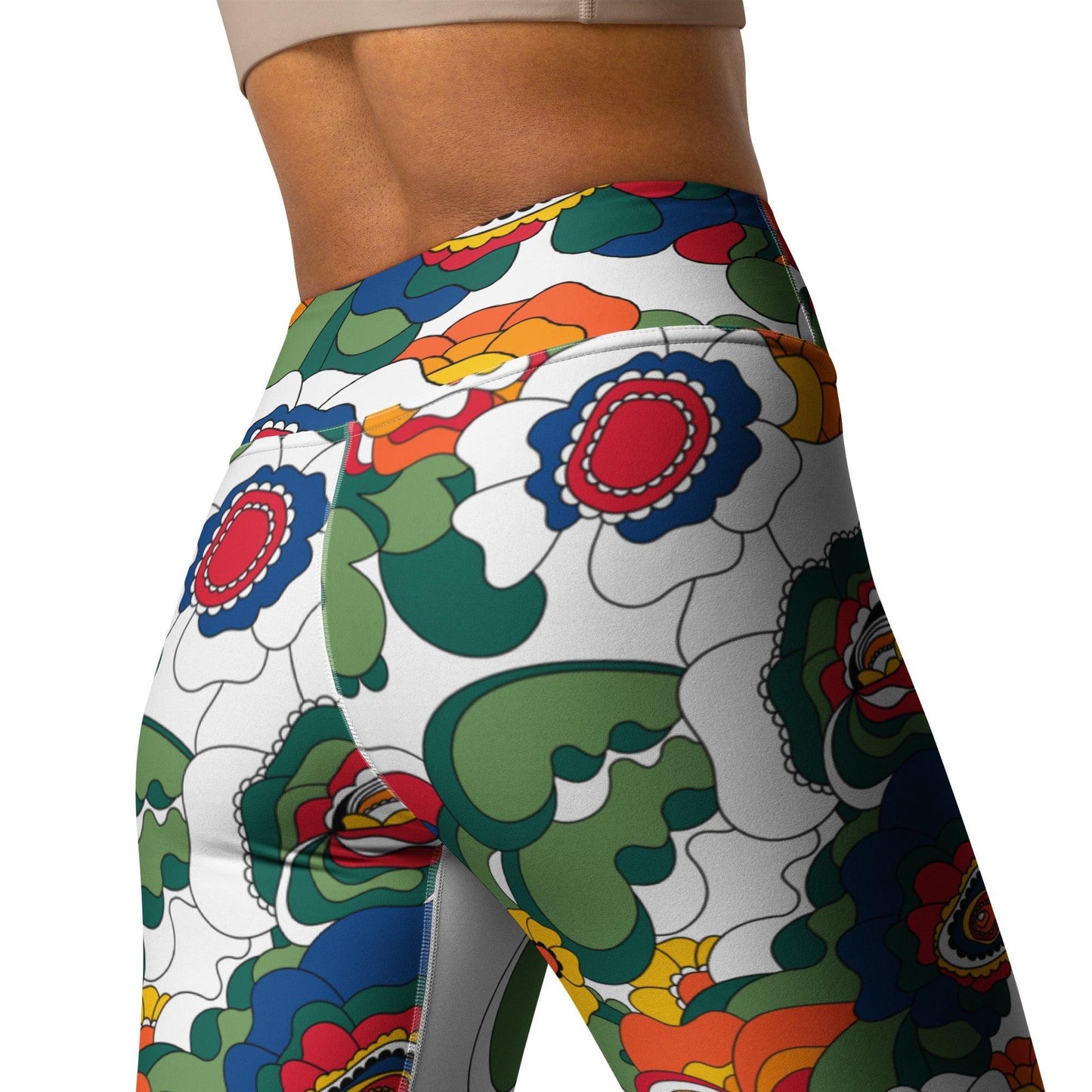Yoga leggings - GROOVY KURBITS white - Folk floral print