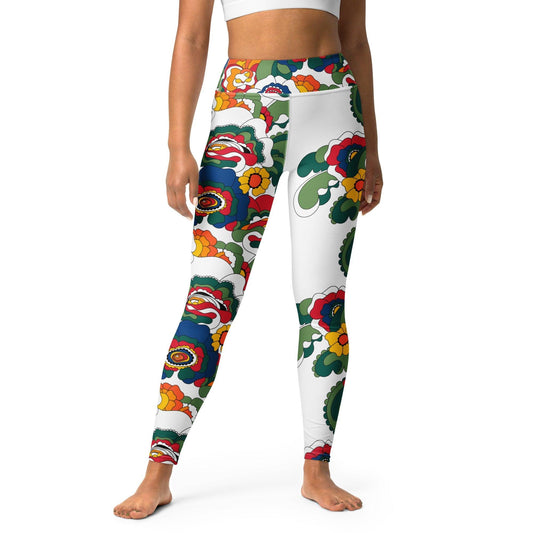 Yoga leggings - GROOVY KURBITS white - Folk floral print XL