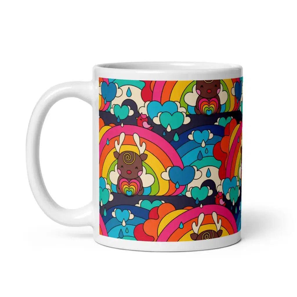Mug - HAPPY RAINDEAR - Reindeer and rainbows print 11oz