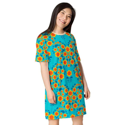 T-shirt dress - HEARTBEAT orange blue - Flower hearts print