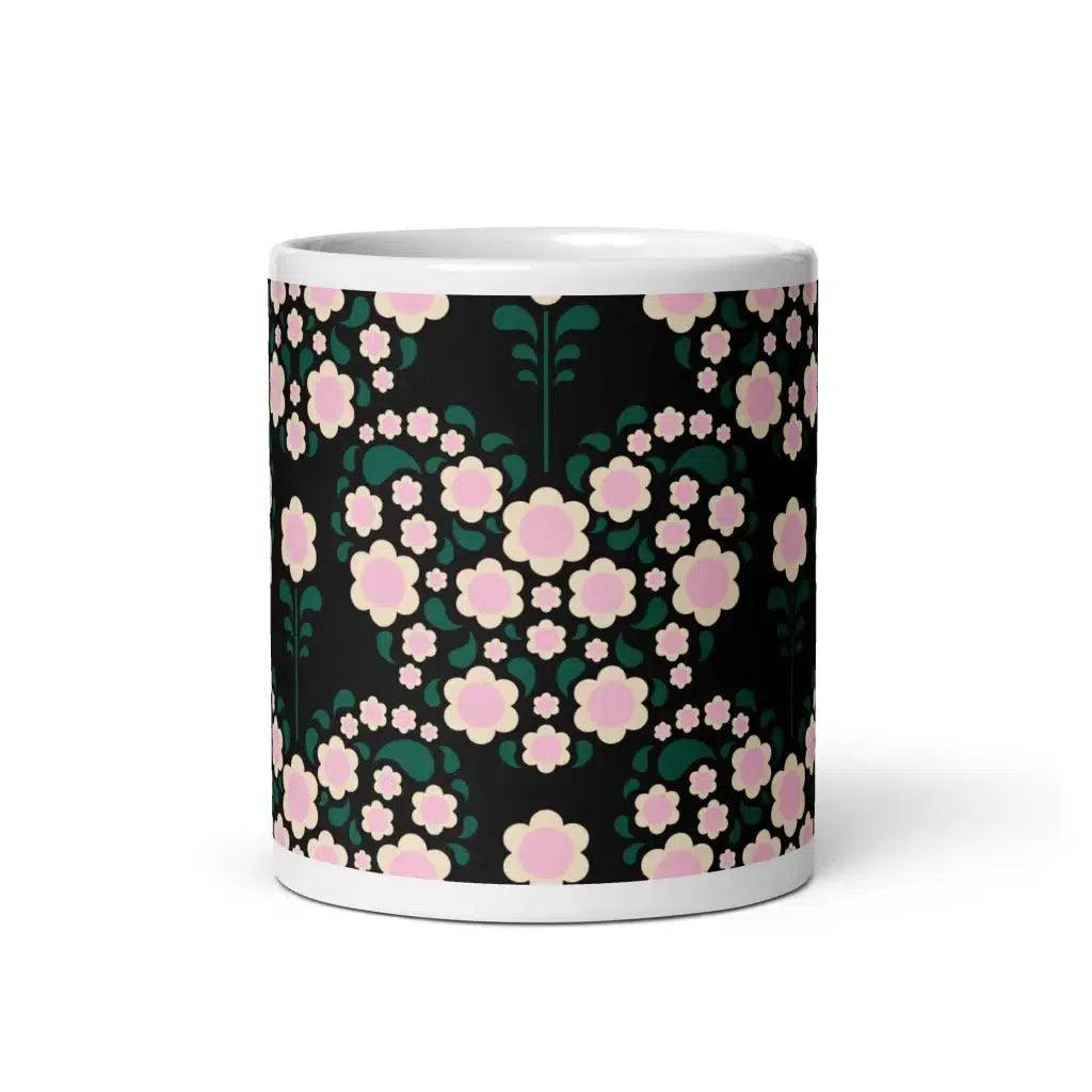 Mug - HEARTBEAT pink black - Flower hearts print 11oz