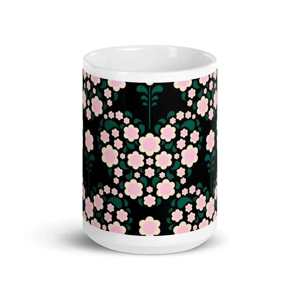 Mug - HEARTBEAT pink black - Flower hearts print 15oz