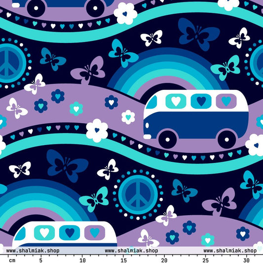 Fabric - HIPPIE DAY magic blue - Colorful hippie print
