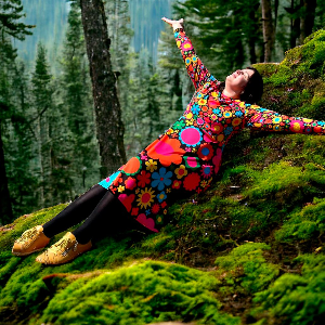 Woman in a colorful midi dress by SHALMIAK. Design: BLOOMPOP happy.