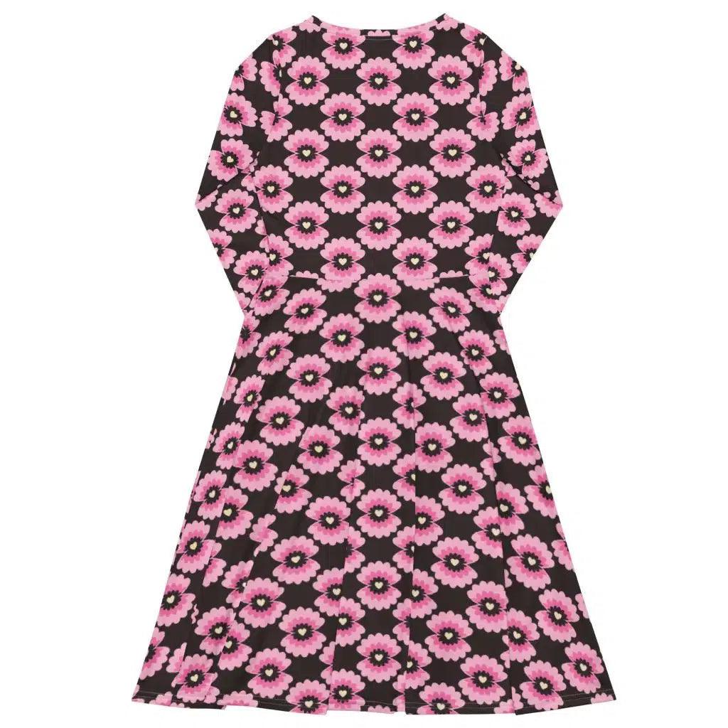 Midi dress - LOVE PEARL pink brown - Pearls and hearts print