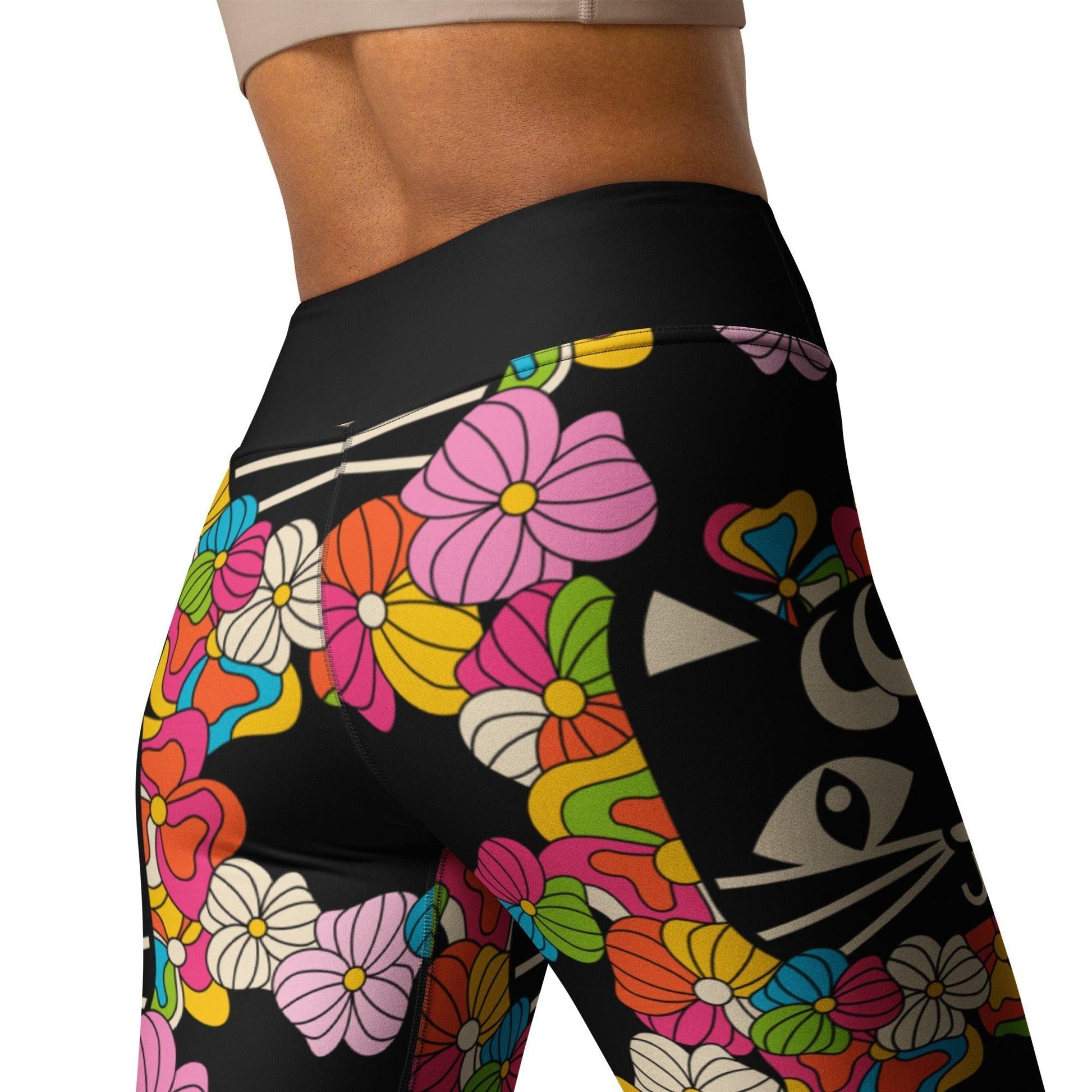 Yoga leggings -2- MAGICAT black - Black cats and flowers print