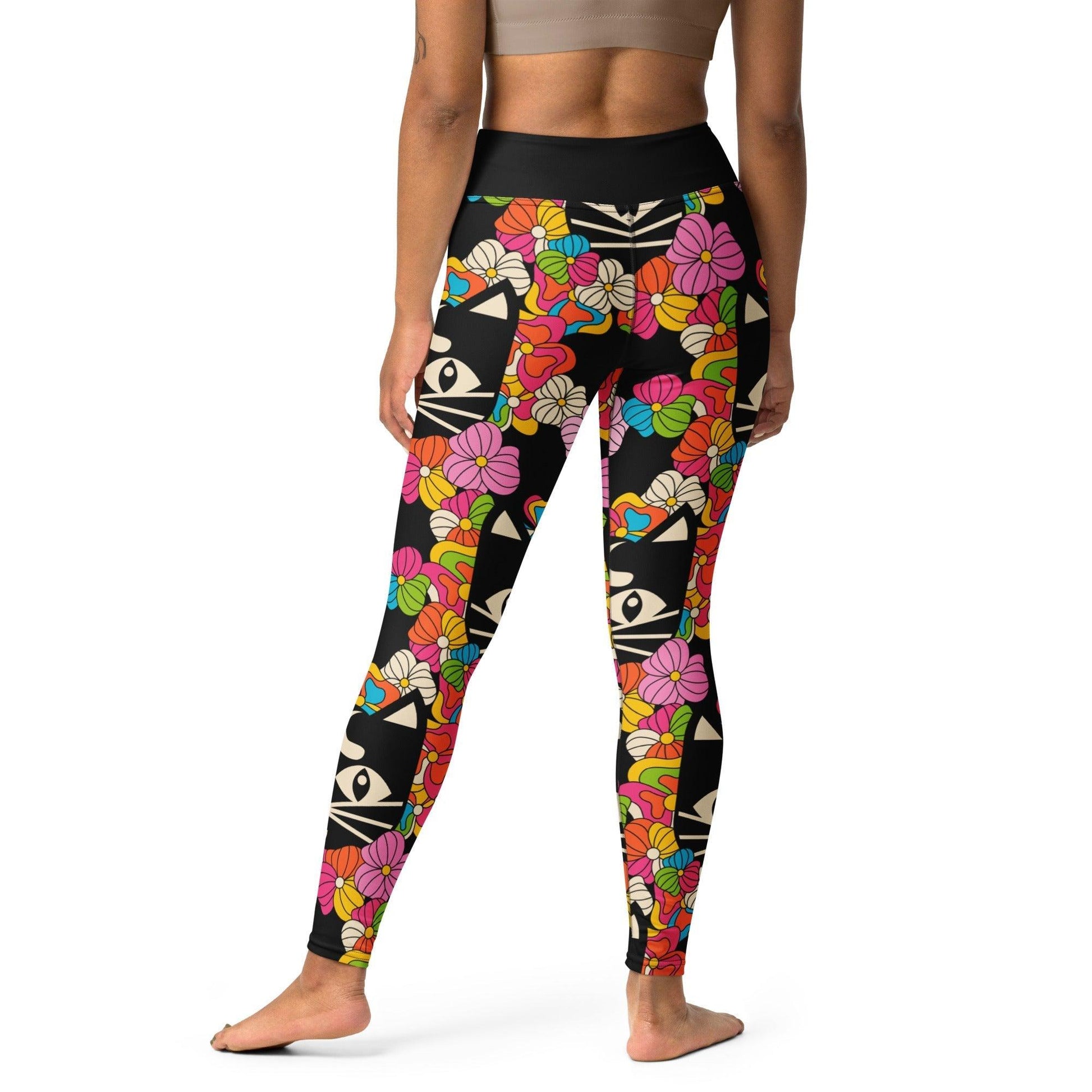 Yoga leggings -2- MAGICAT black - Black cats and flowers print