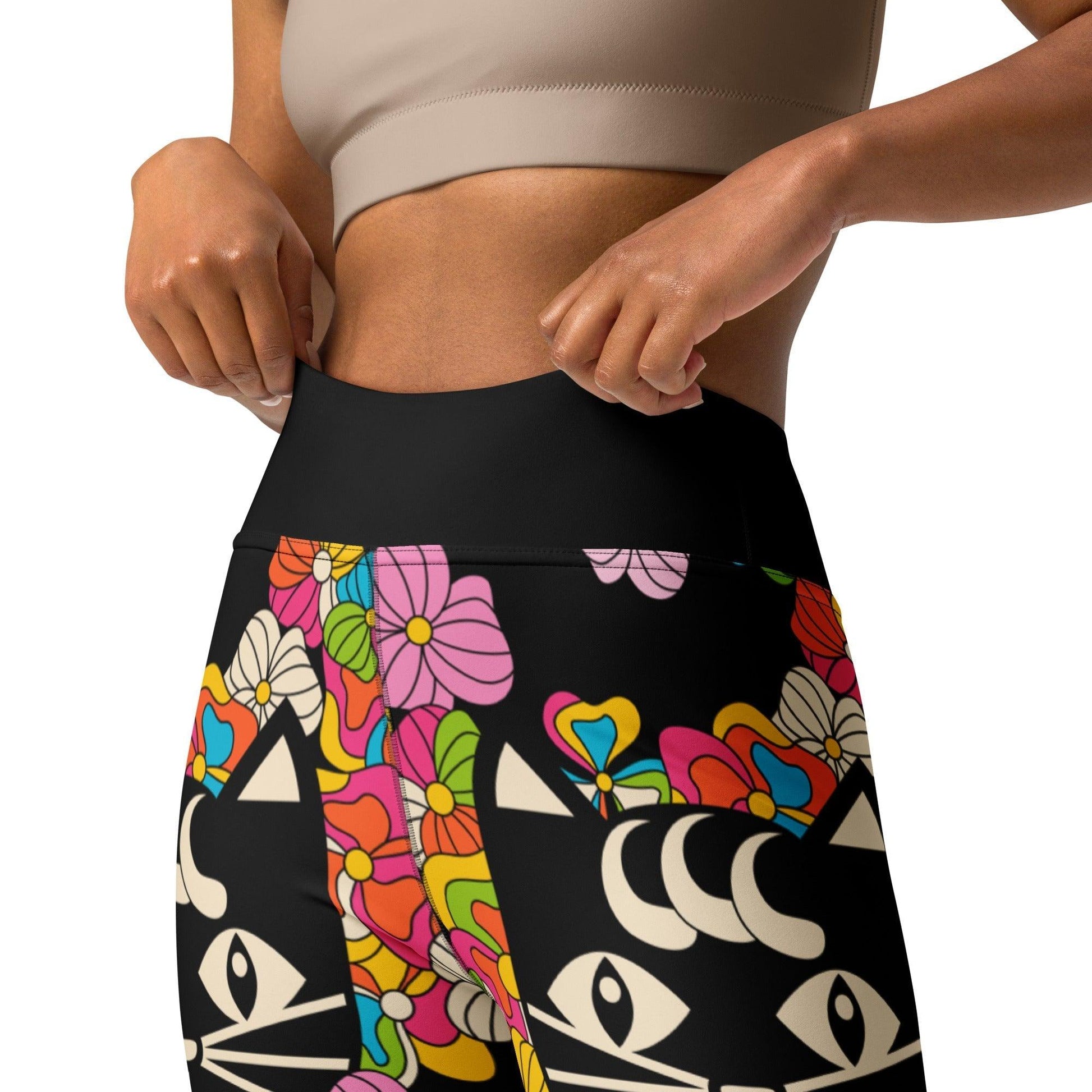 Yoga leggings -2- MAGICAT black - Black cats and flowers print