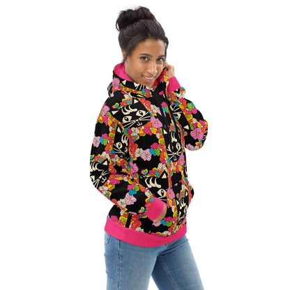 Hoodie - MAGICAT black - Black cats and flowers print