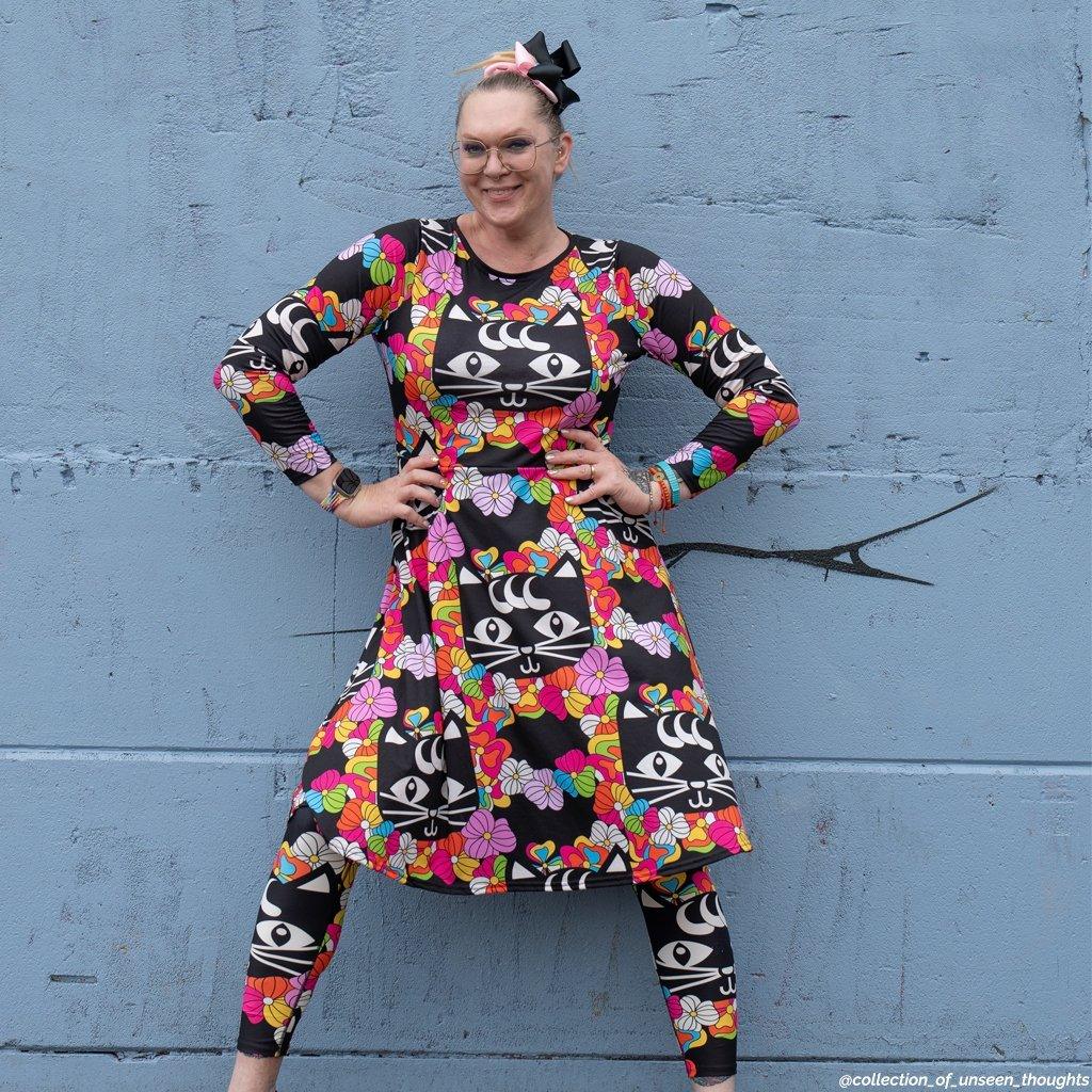 Midi dress - MAGICAT black - Black cats and flowers print