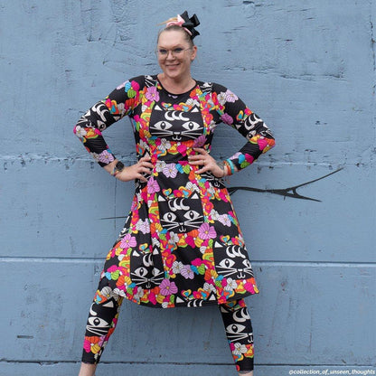 Midi dress - MAGICAT black - Black cats and flowers print