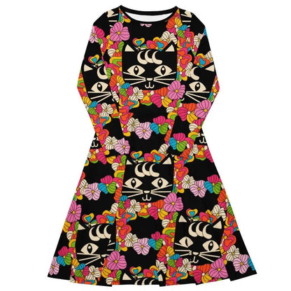 Midi dress - MAGICAT black - Black cats and flowers print