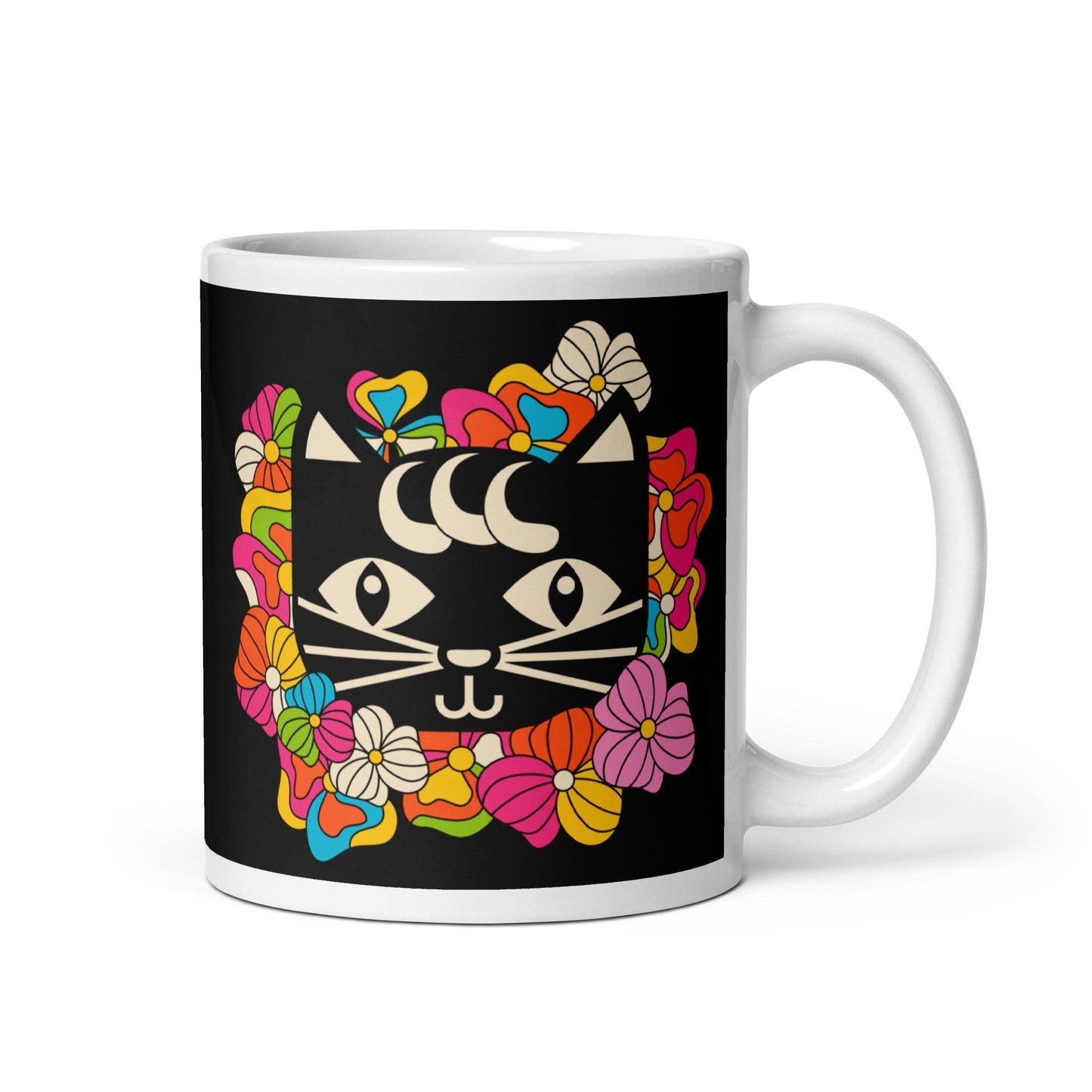 Mug - MAGICAT black - Black cats and flowers print 11oz