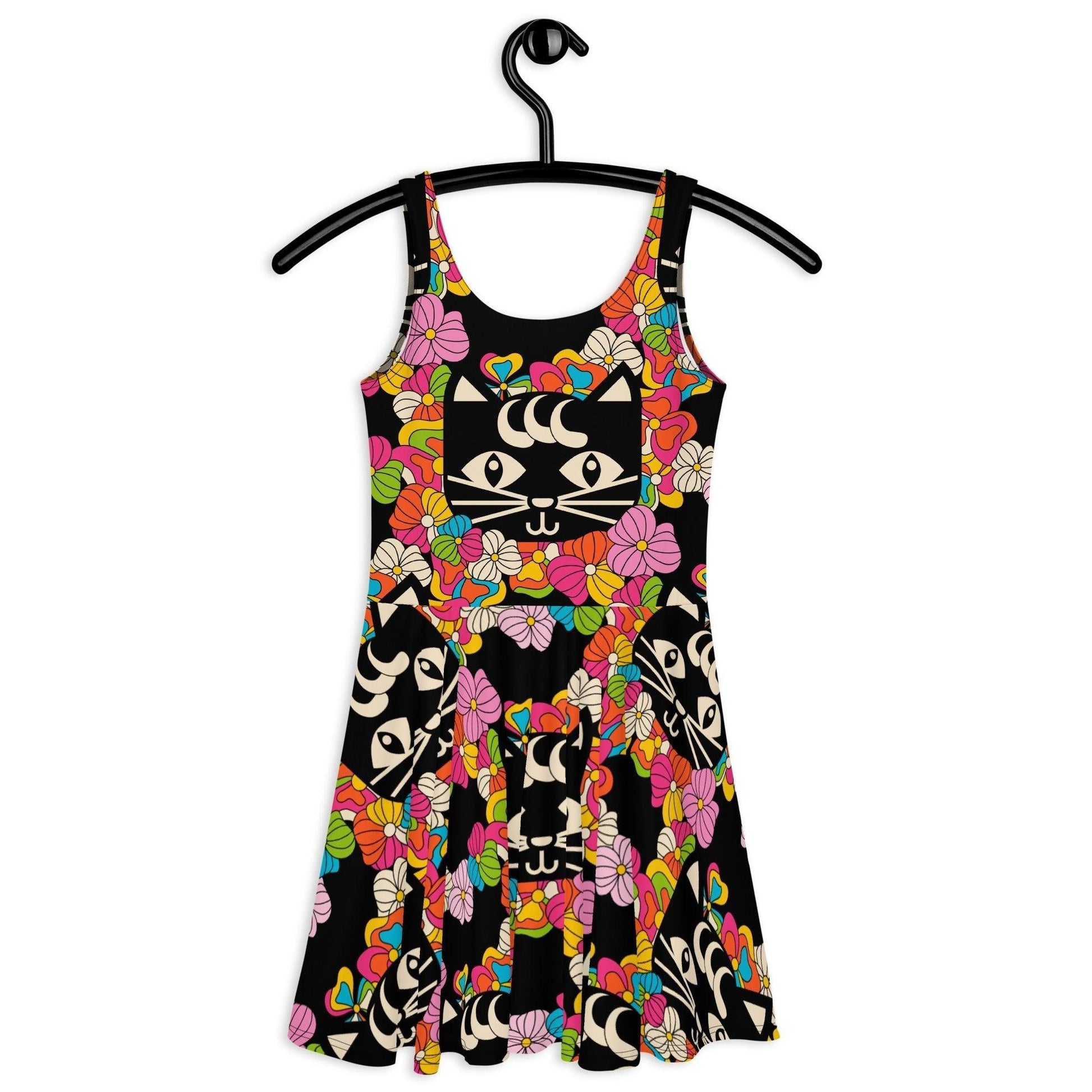 Skater dress - MAGICAT black - Black cats and flowers print