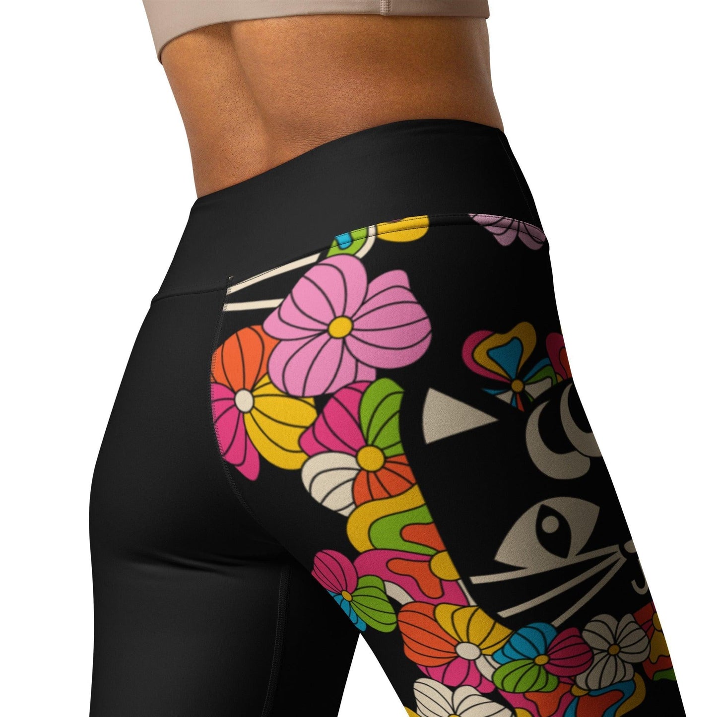 Yoga leggings - MAGICAT black - Black cats and flowers print