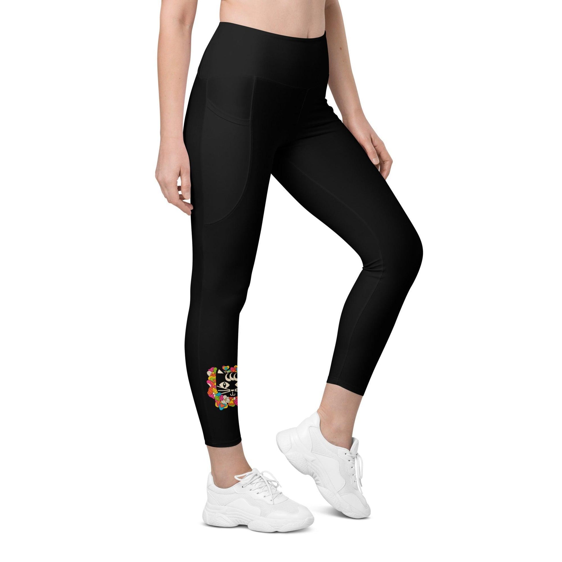 Leggings with pockets - MAGICAT in black - Black cats and flowers print 6XL
