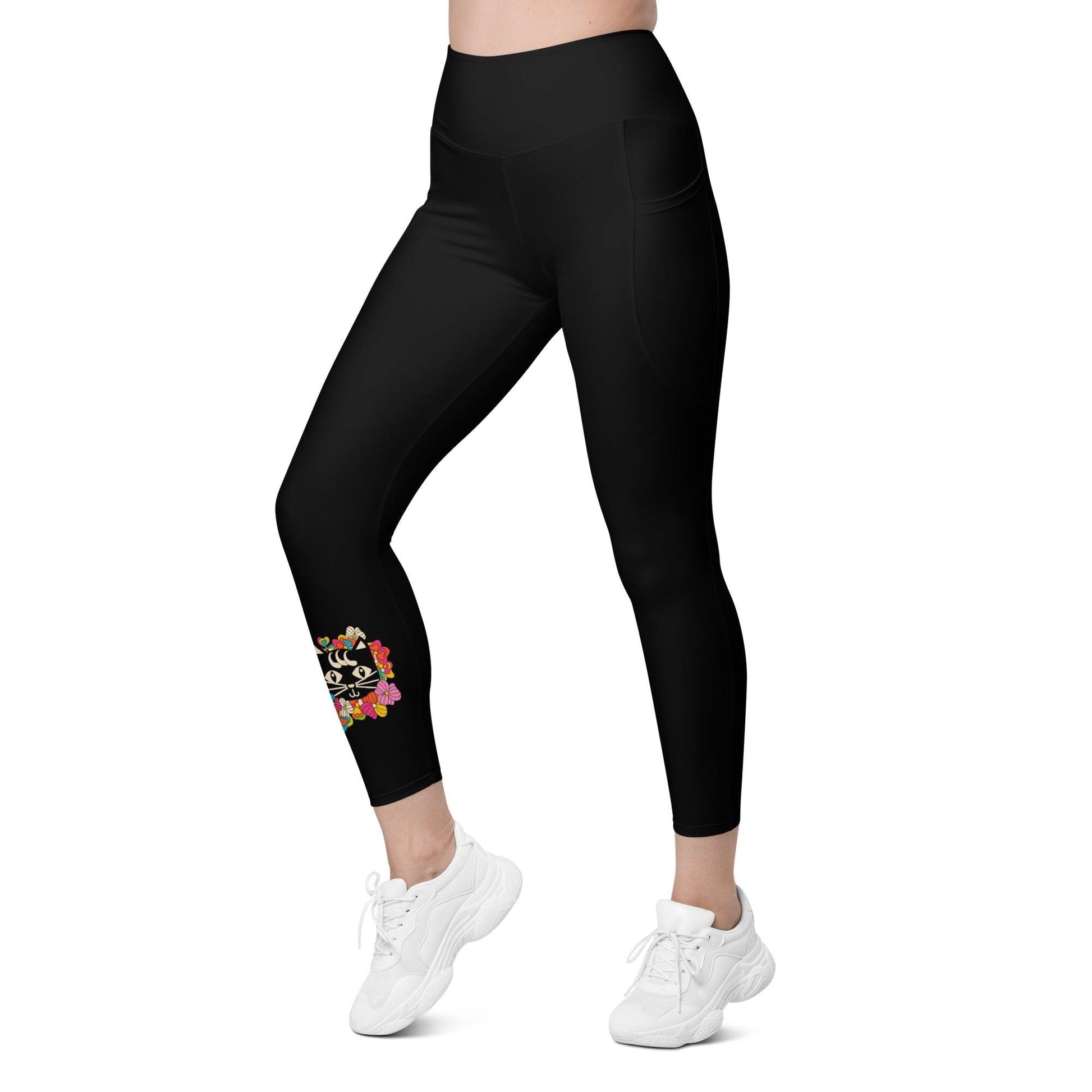 Leggings with pockets - MAGICAT in black - Black cats and flowers print
