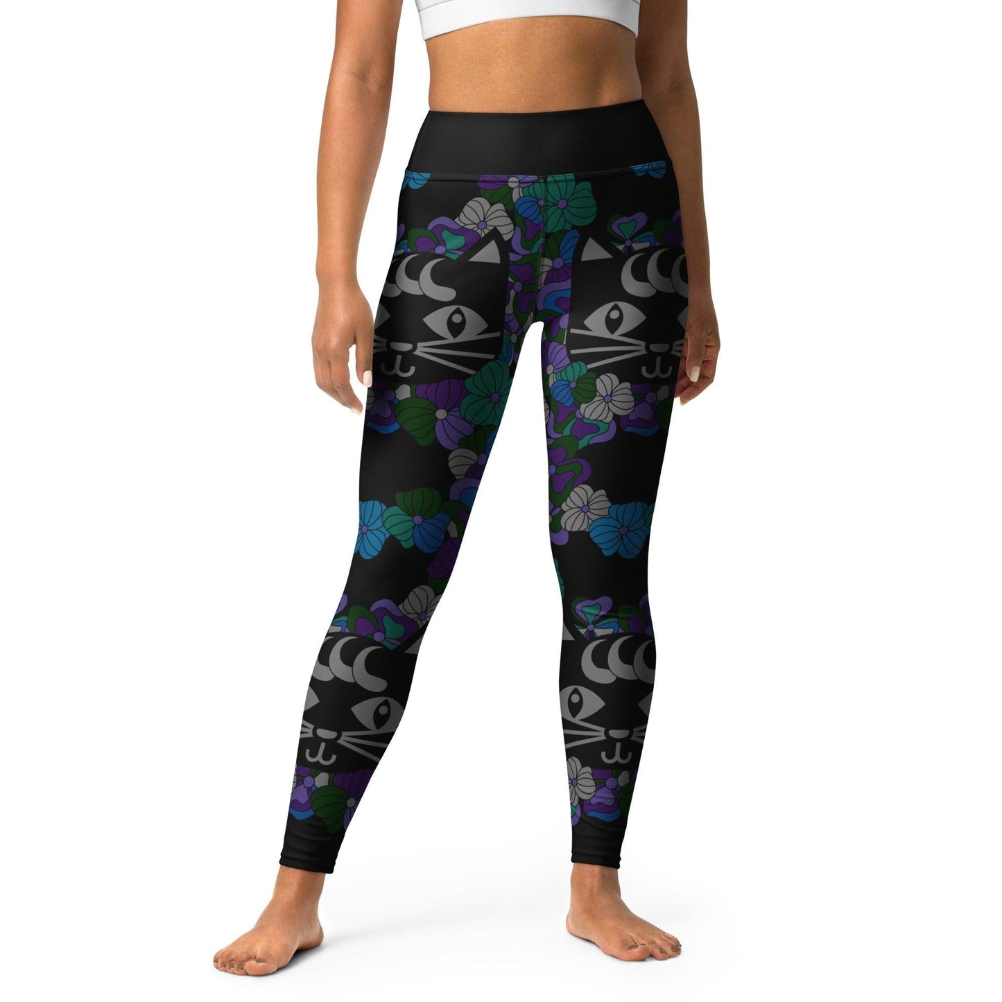 Yoga leggings -2- MAGICAT mystic - Black cats and flowers print XL