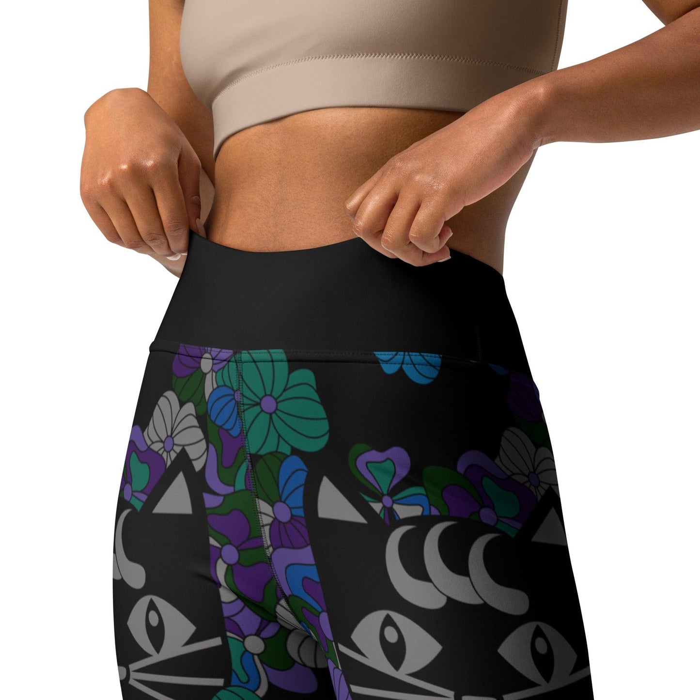 Yoga leggings -2- MAGICAT mystic - Black cats and flowers print