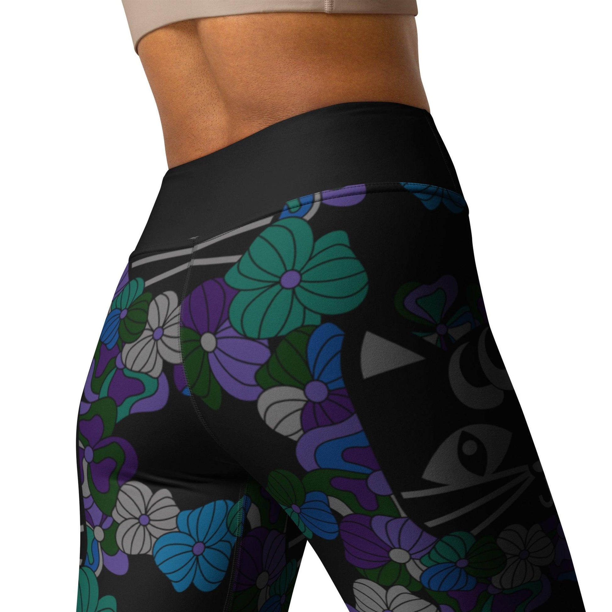 Yoga leggings -2- MAGICAT mystic - Black cats and flowers print