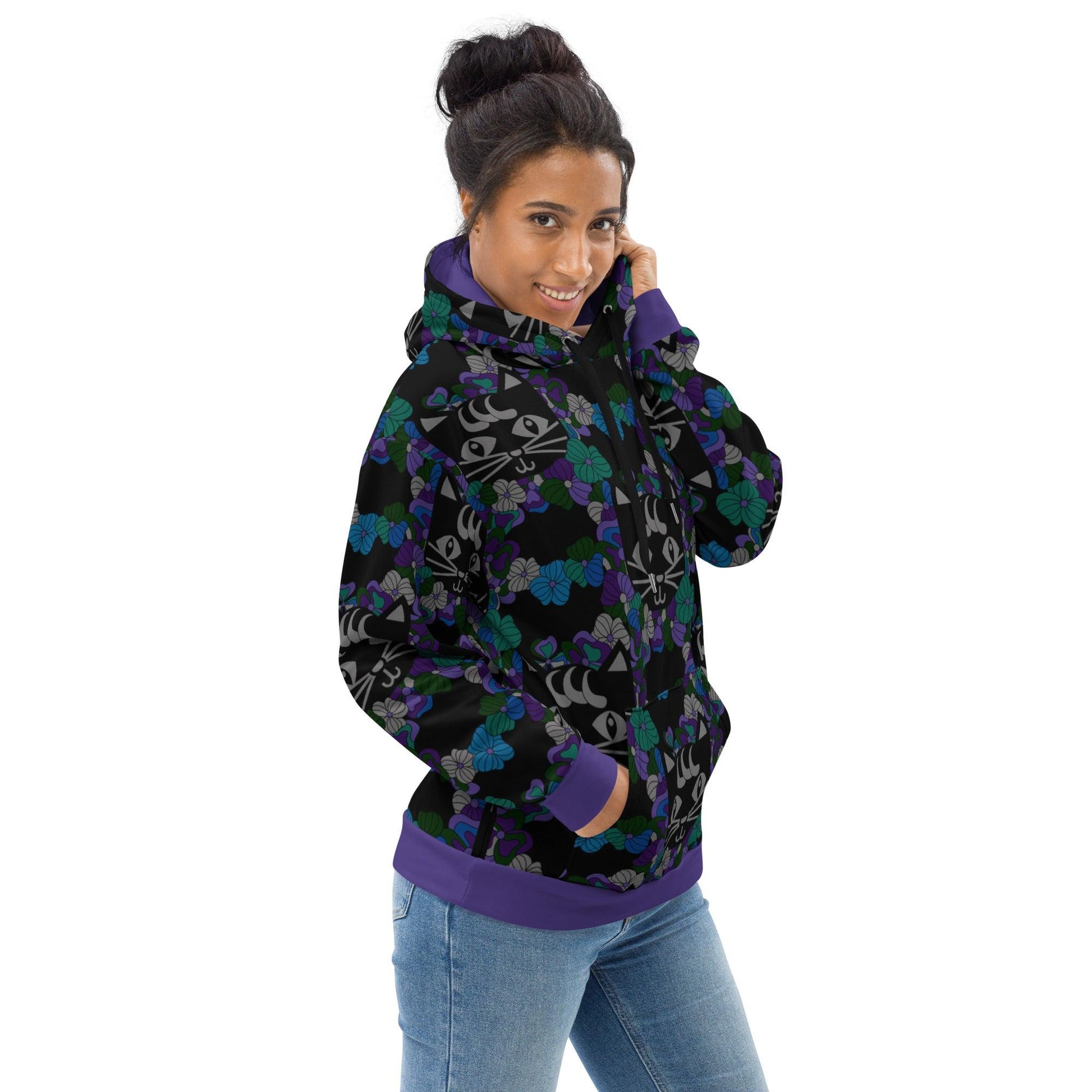 Hoodie - MAGICAT mystic - Black cats and flowers print 6XL