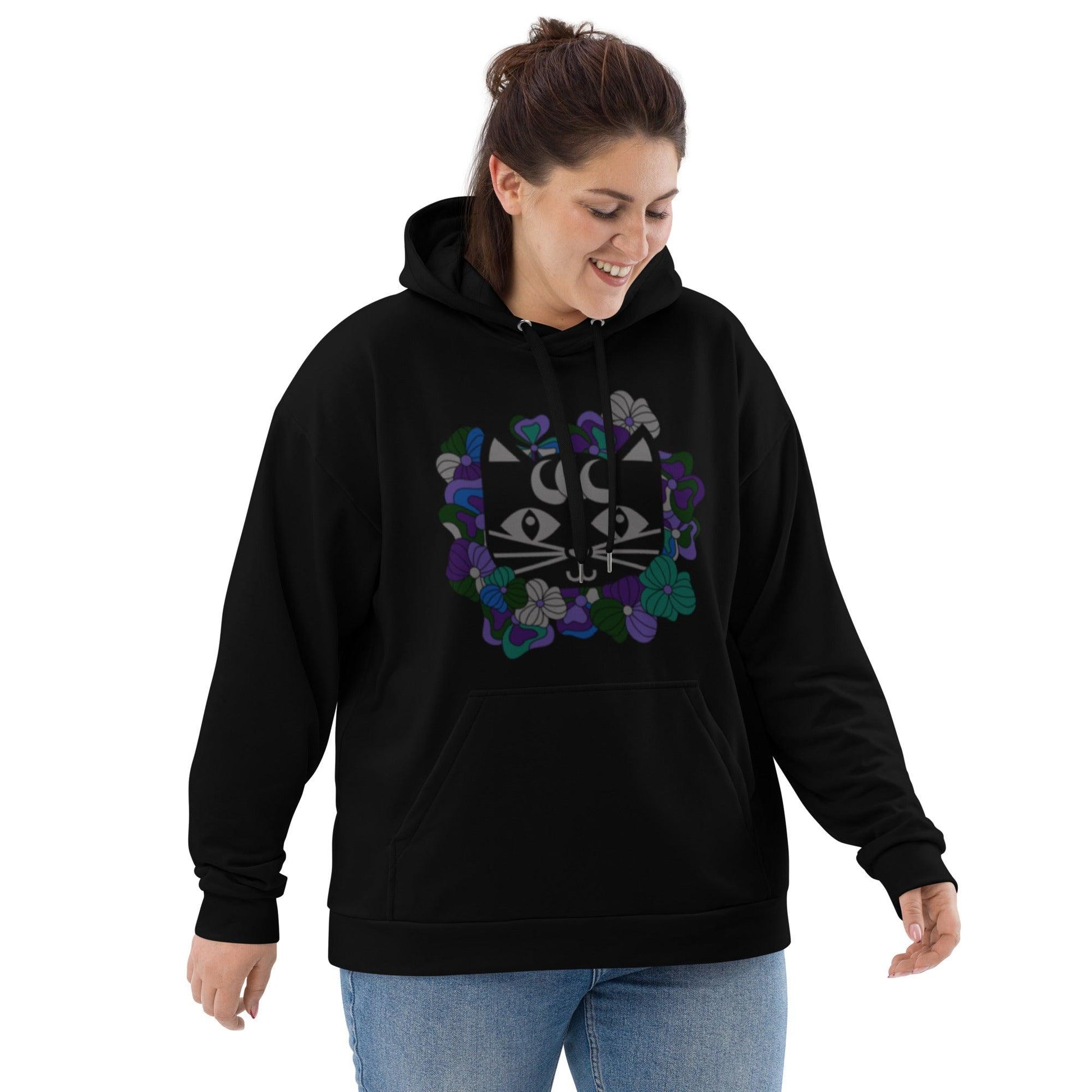 Hoodie - MAGICAT mystic (just cat) - Black cats and flowers print