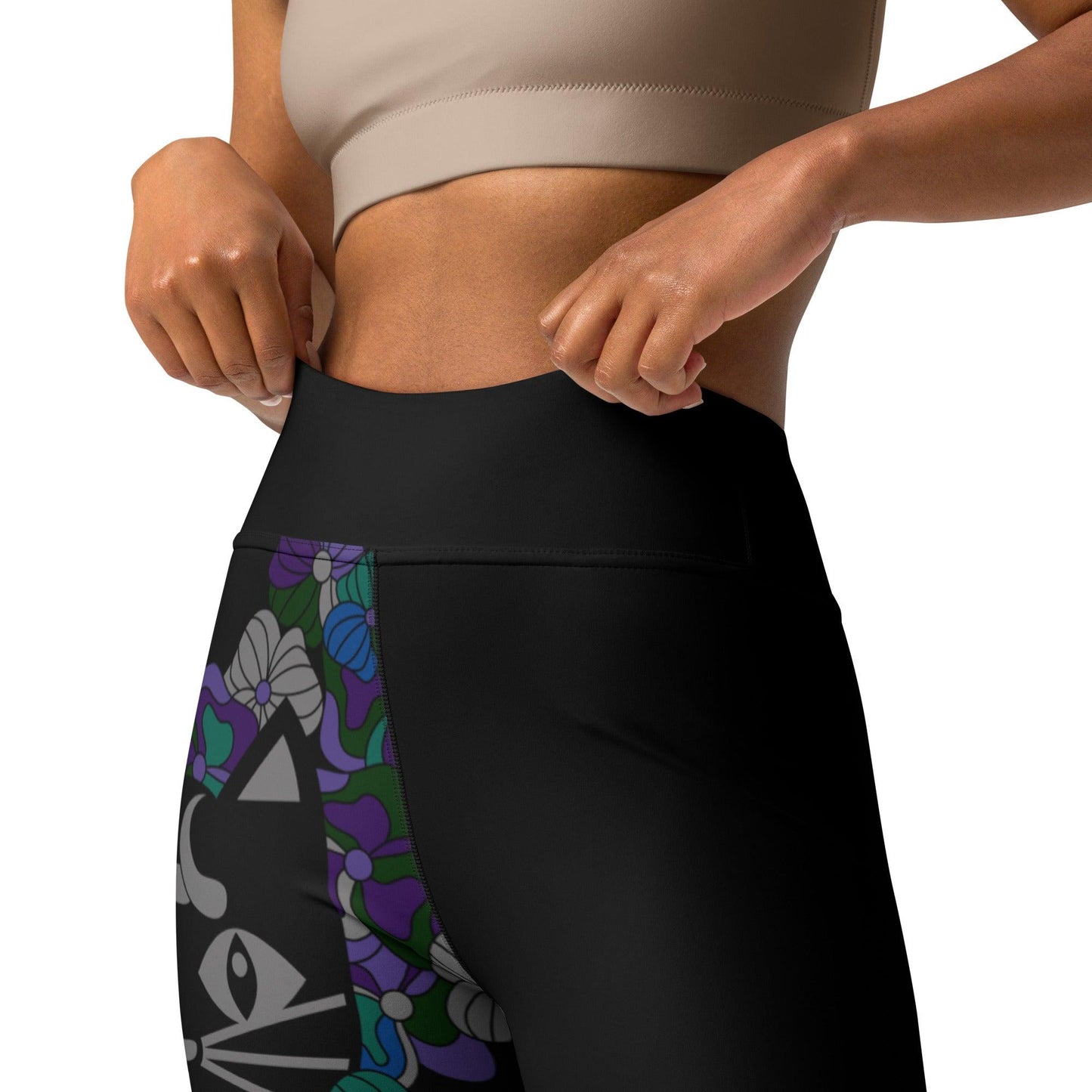 Yoga leggings - MAGICAT mystic - Black cats and flowers print