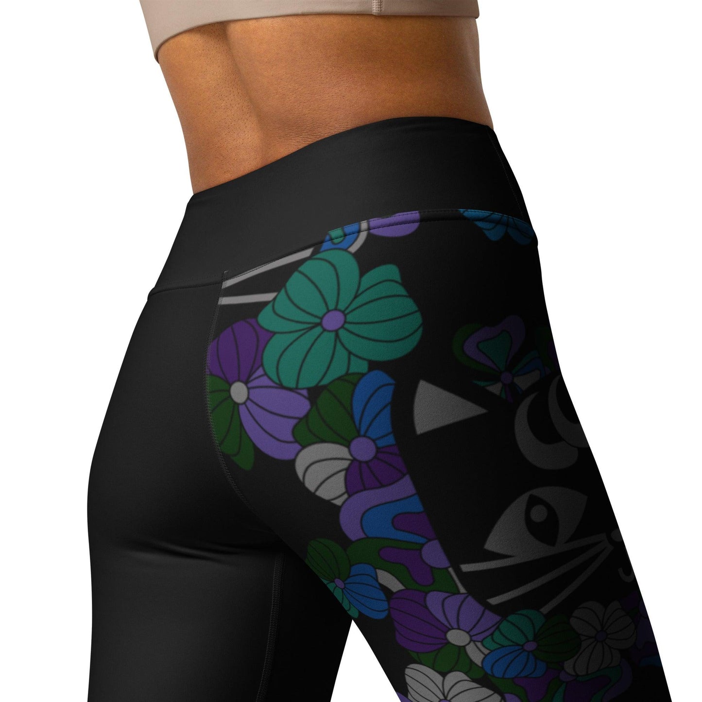 Yoga leggings - MAGICAT mystic - Black cats and flowers print