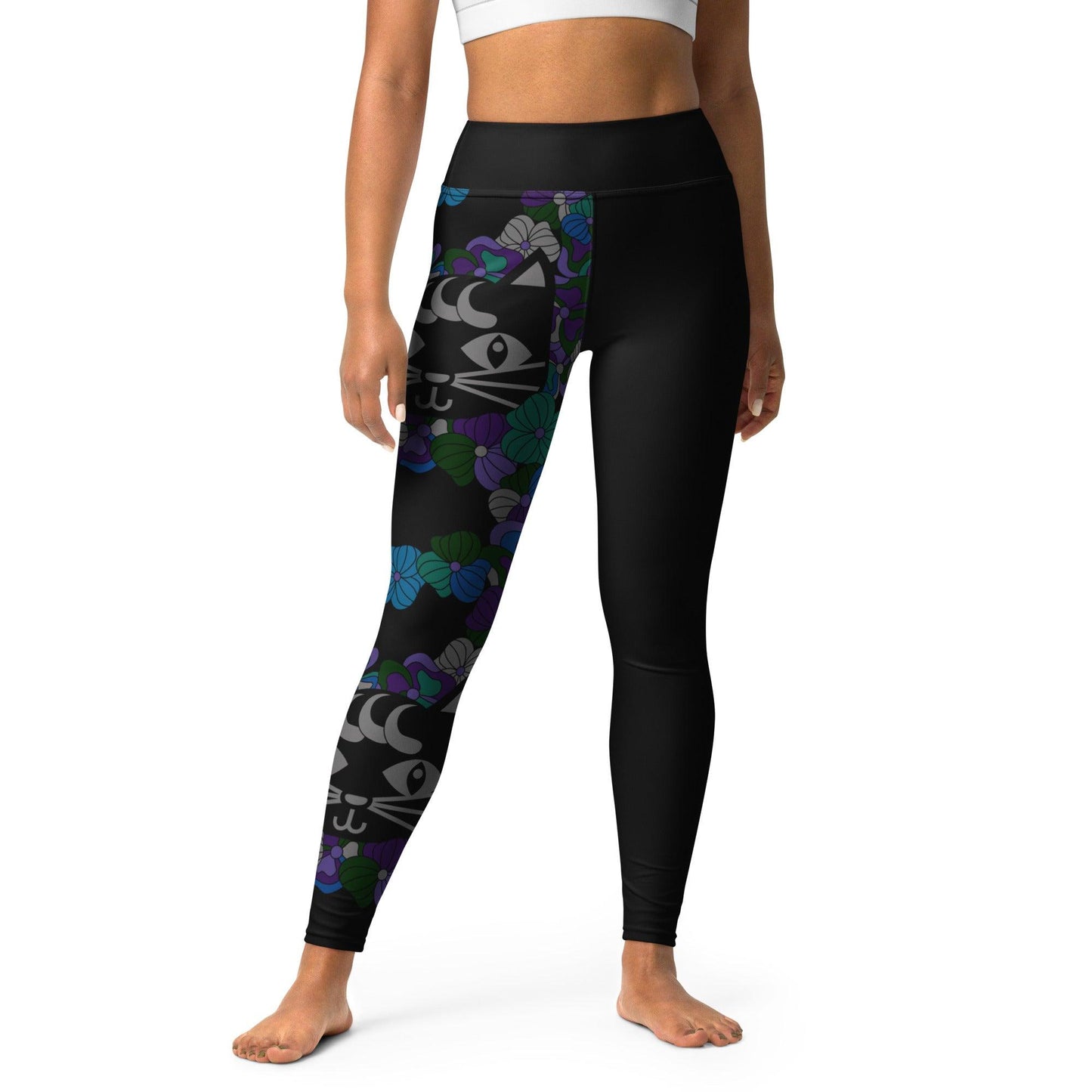 Yoga leggings - MAGICAT mystic - Black cats and flowers print XL