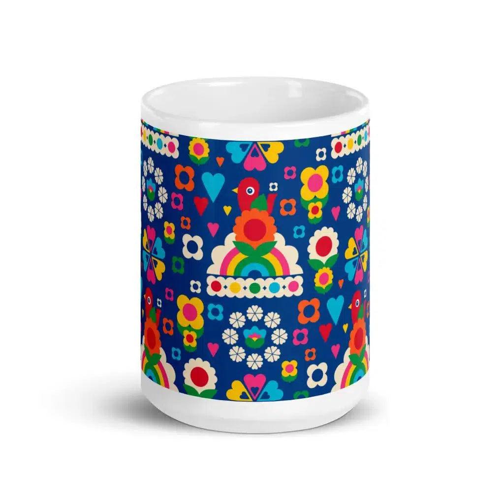 Mug - OLD BIRDIE blue - Retro Birds, flowers & rainbows