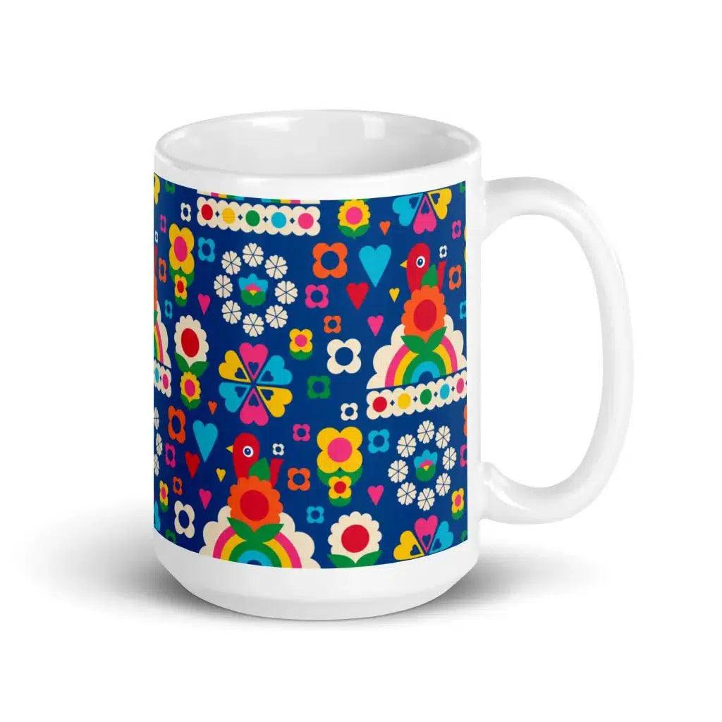 Mug - OLD BIRDIE blue - Retro Birds, flowers & rainbows 15oz