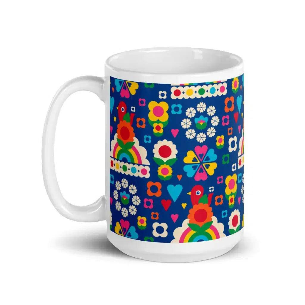 Mug - OLD BIRDIE blue - Retro Birds, flowers & rainbows