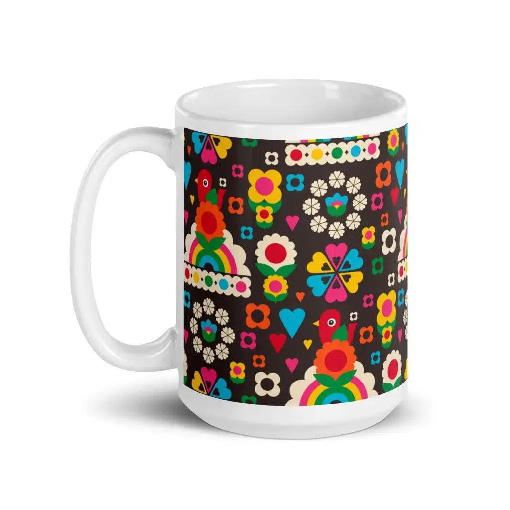 Mug - OLD BIRDIE brown - Retro Birds, flowers & rainbows