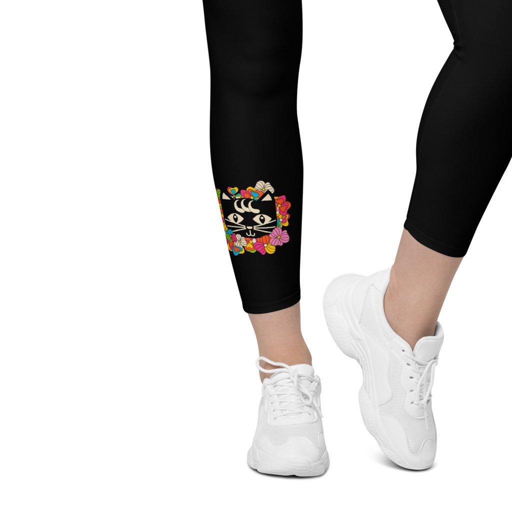 OUTLET - LEGGINGSIT TASKUILLA - MAGICAT in black - KOKO M - Black cats and flowers print