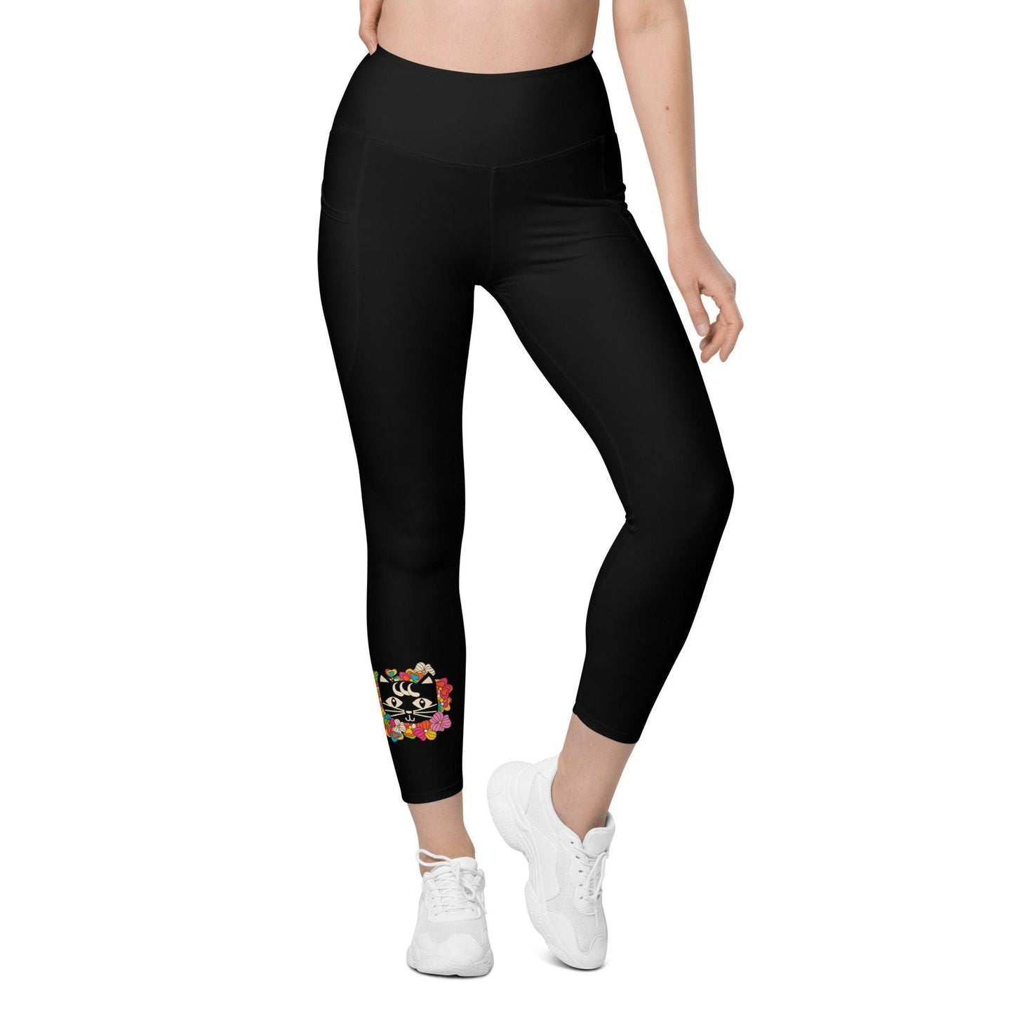 OUTLET - LEGGINGSIT TASKUILLA - MAGICAT in black - KOKO M - Black cats and flowers print