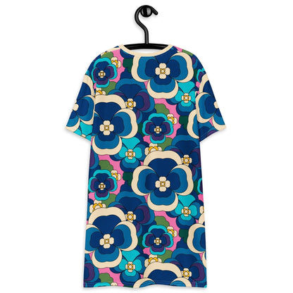 T-shirt dress - PANSY FANTASY blue pink - Retro pansy print