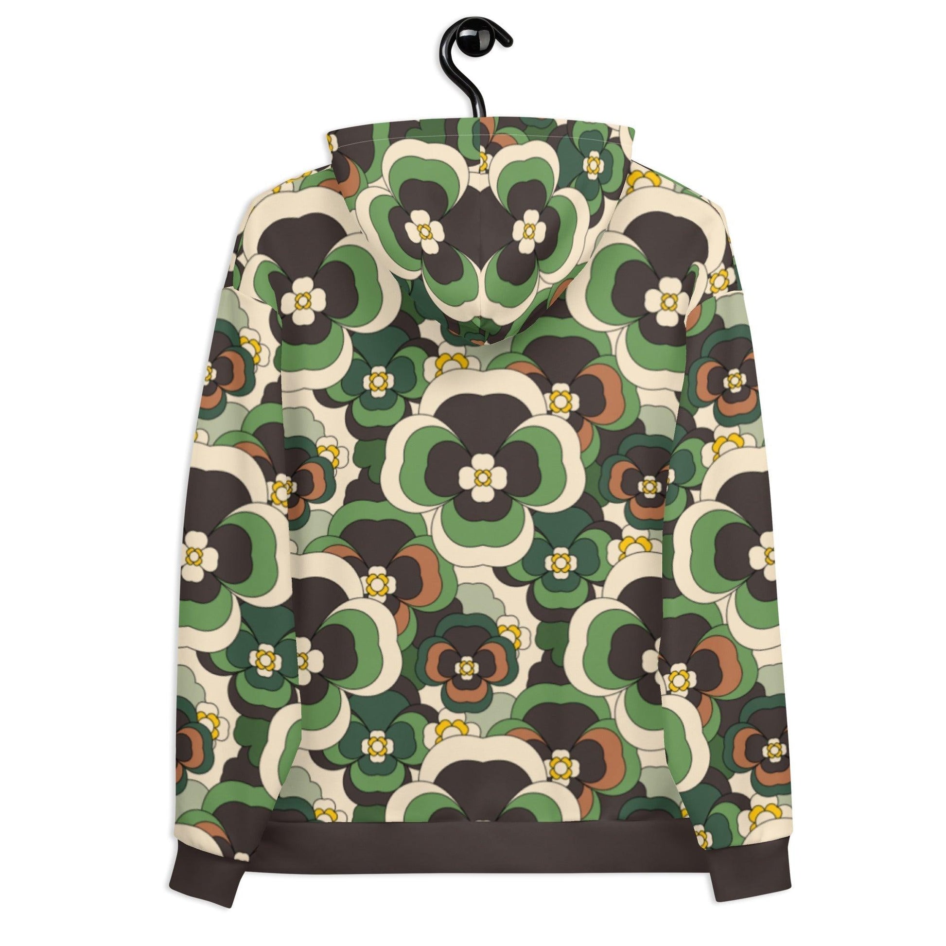 Hoodie - PANSY FANTASY green - Retro pansy print
