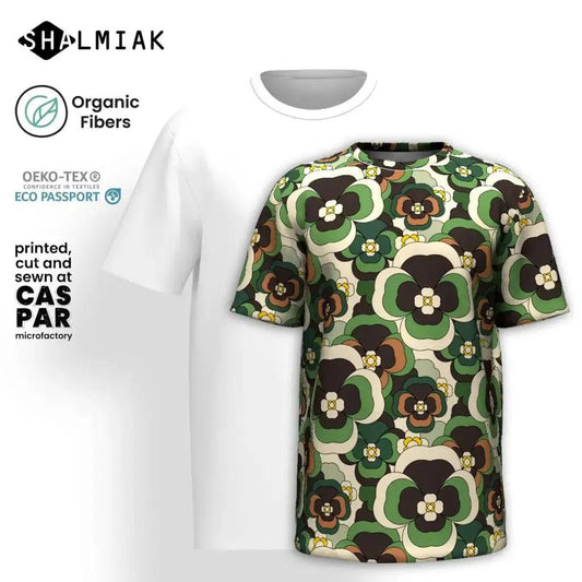Organic cotton t-shirt - PANSY FANTASY green - Retro pansy print