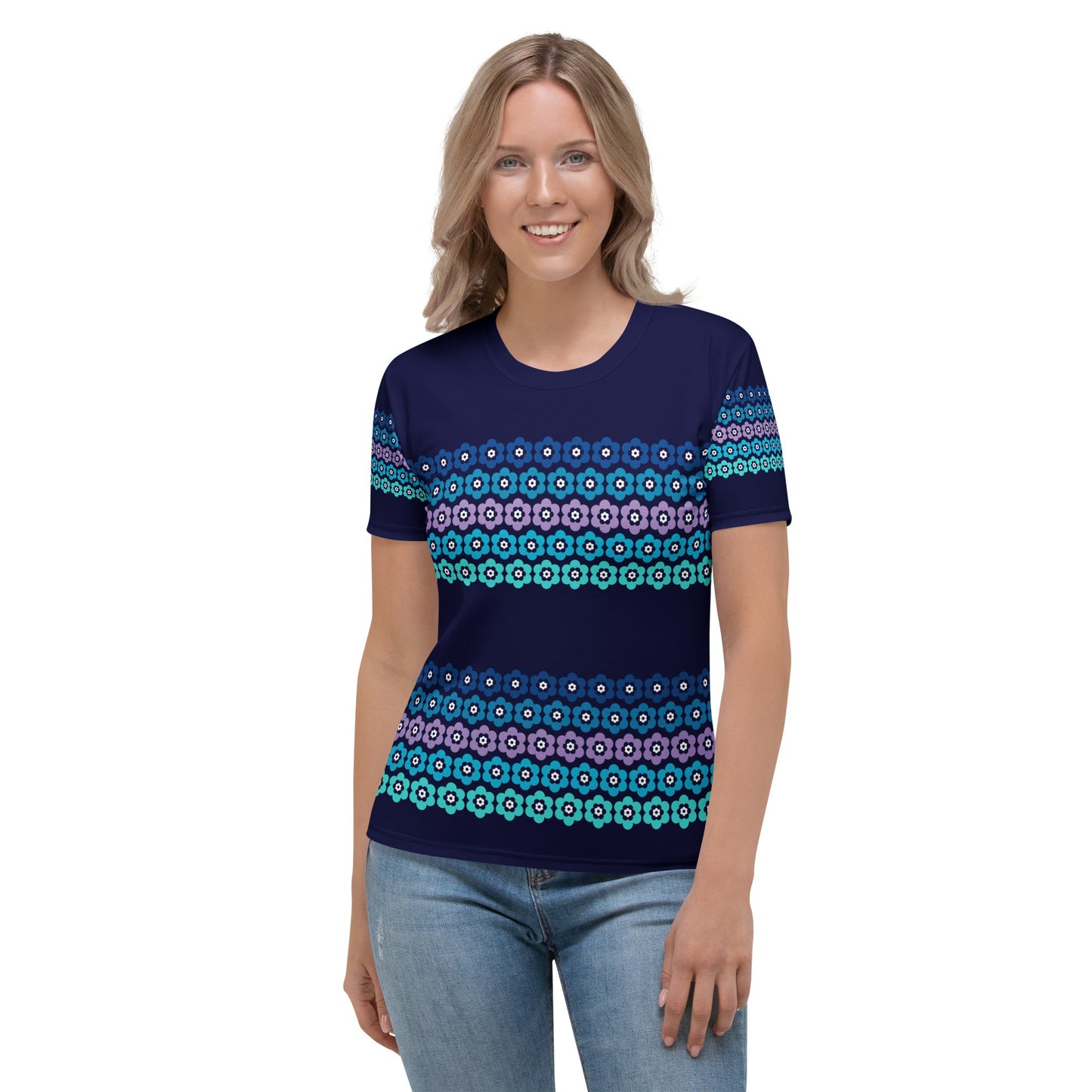 Woman's t-shirt - PEACOCK BLOOM mystic blue - Vibrant bloom stripe print