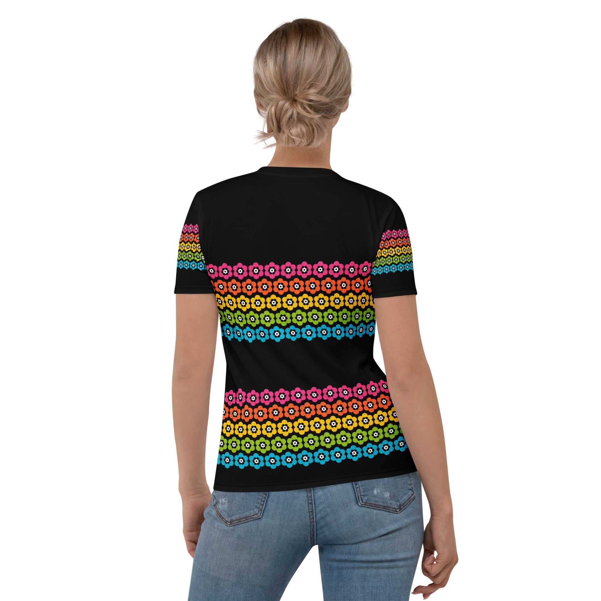 Woman's t-shirt - PEACOCK BLOOM rainbow - Vibrant bloom stripe print