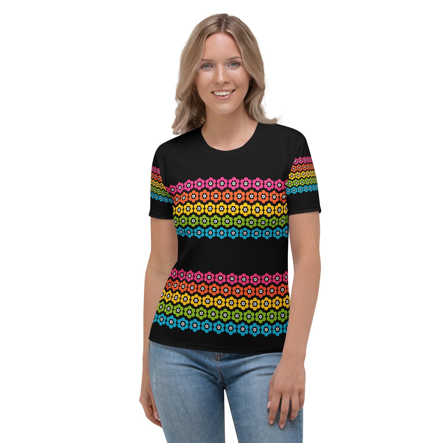 Woman's t-shirt - PEACOCK BLOOM rainbow - Vibrant bloom stripe print