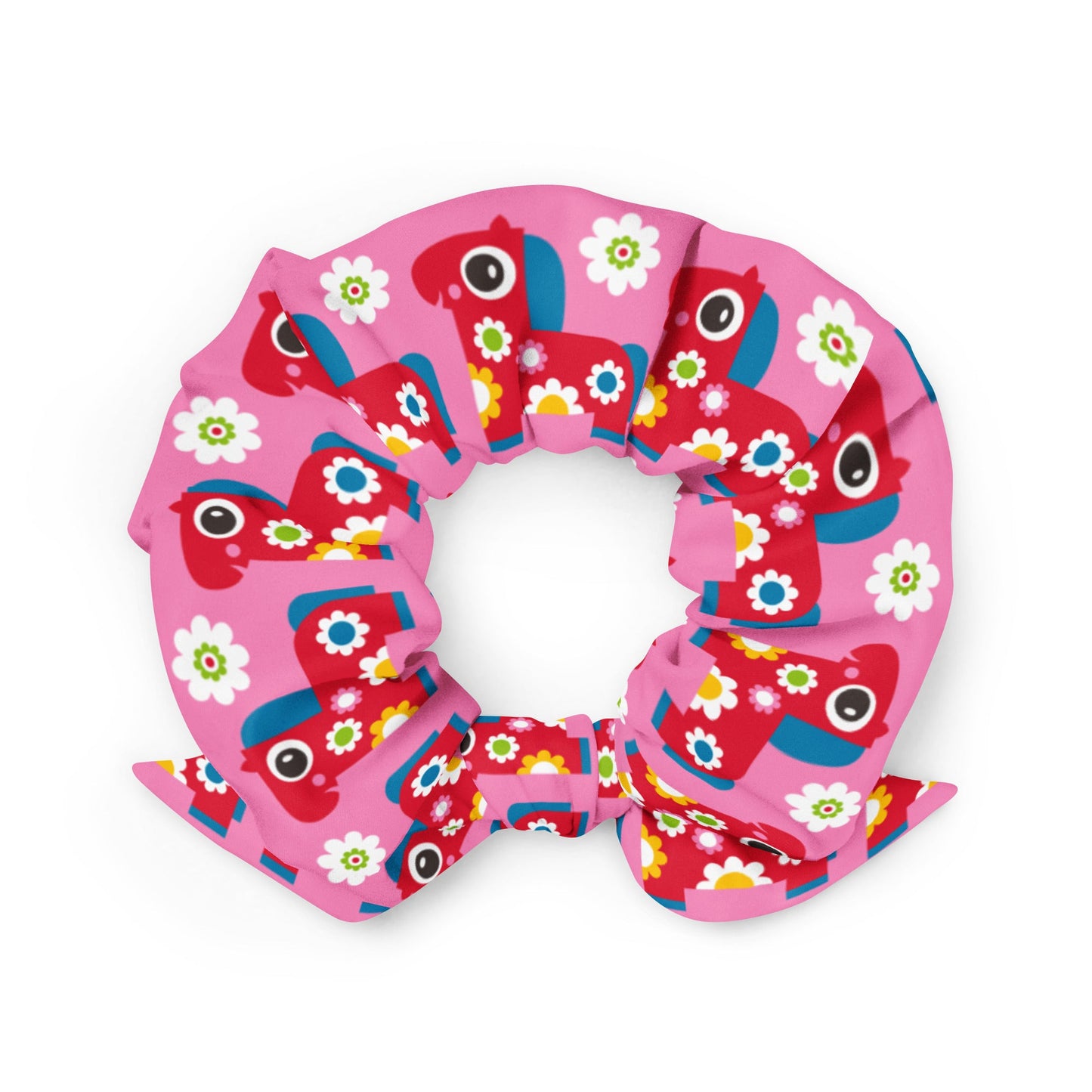 Scrunchie - PONY BLOOM pink - Happy ponies and flowers print