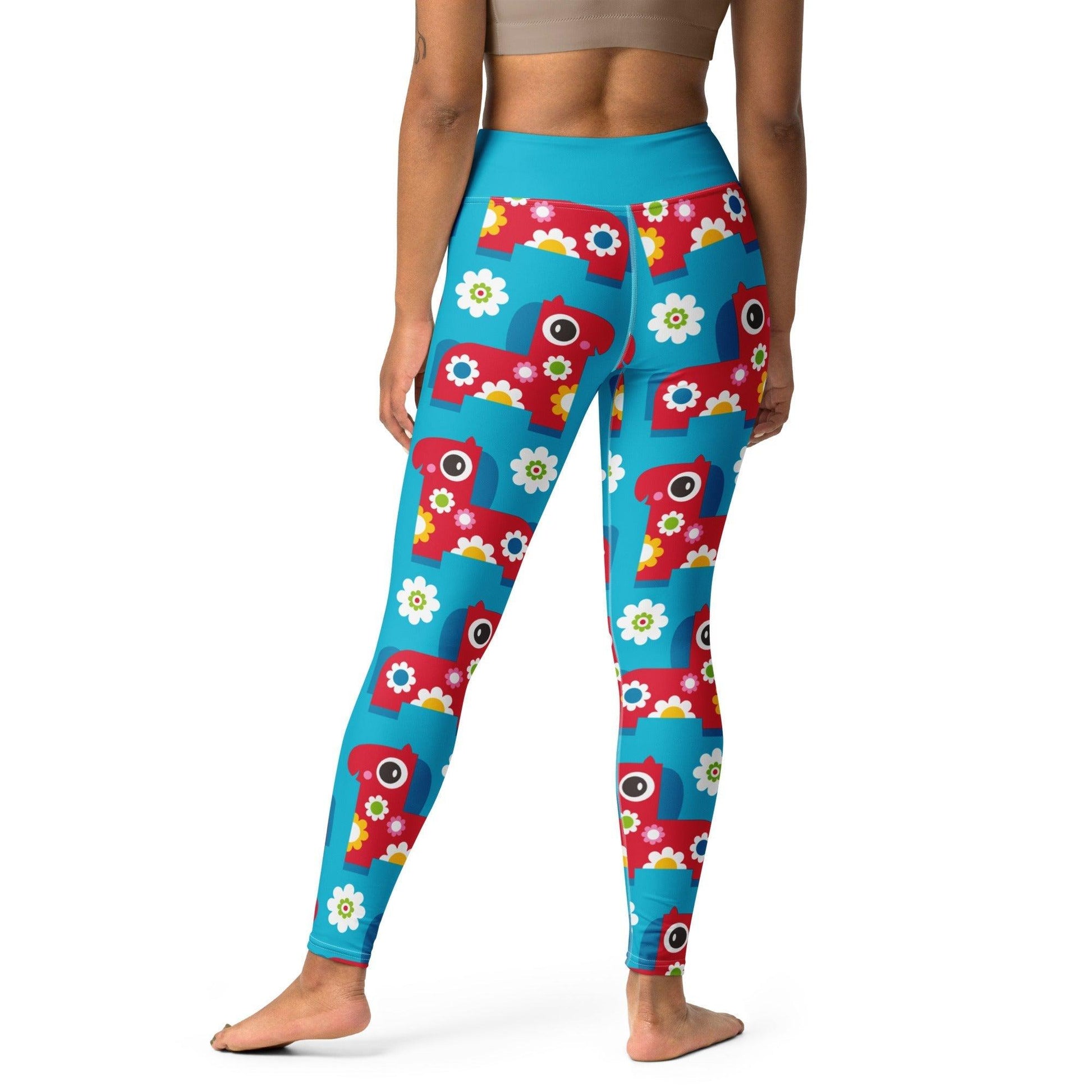 Yoga leggings -2- PONY BLOOM turquoise - Happy ponies and flowers print