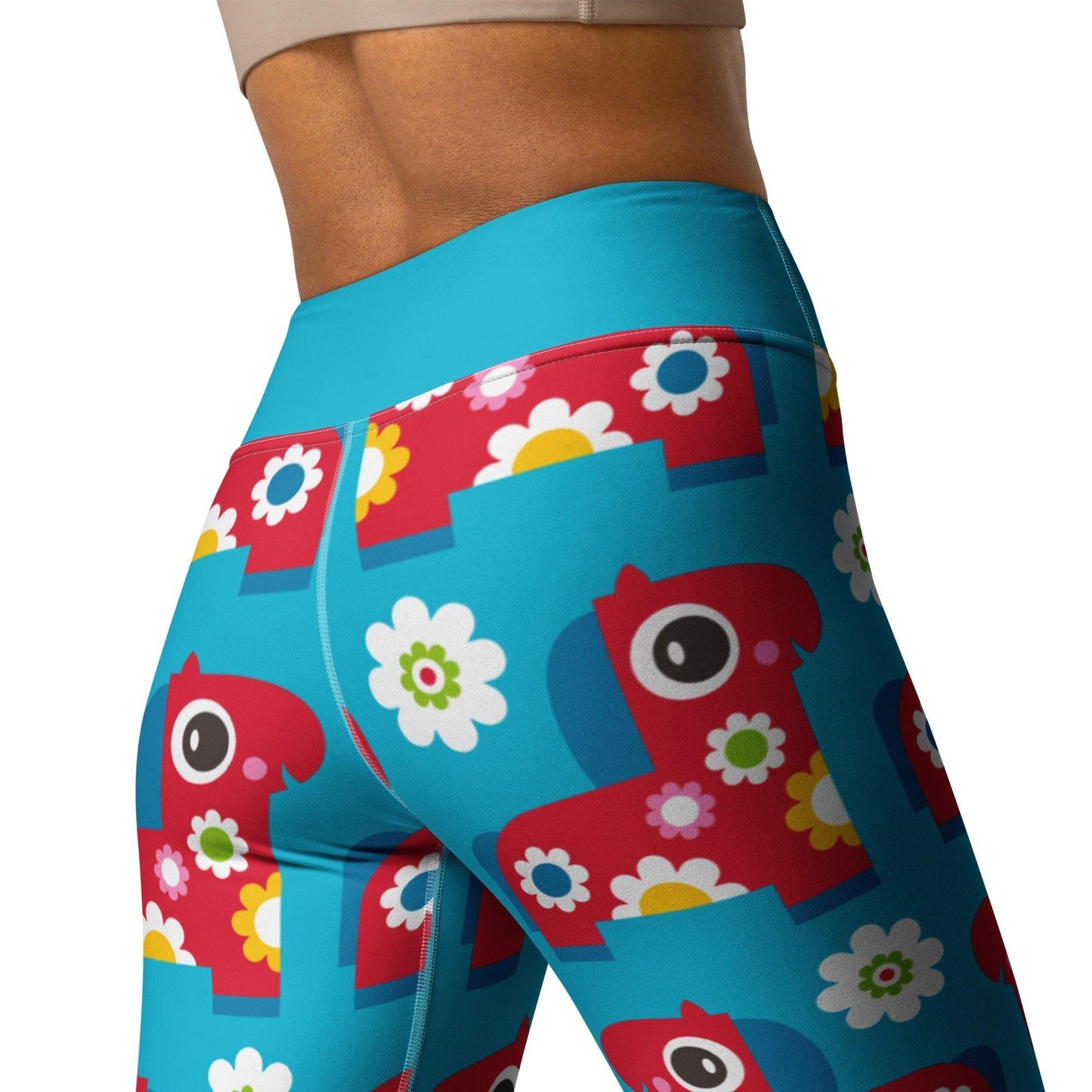 Yoga leggings -2- PONY BLOOM turquoise - Happy ponies and flowers print