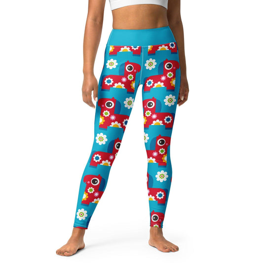 Yoga leggings -2- PONY BLOOM turquoise - Happy ponies and flowers print XL