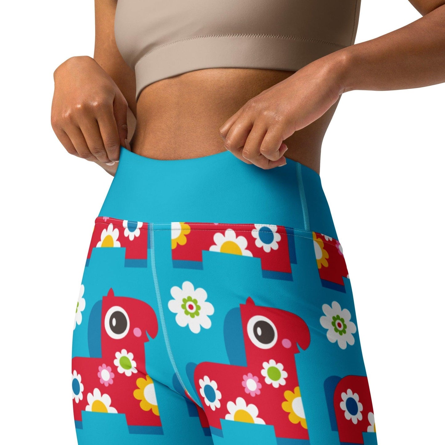 Yoga leggings -2- PONY BLOOM turquoise - Happy ponies and flowers print