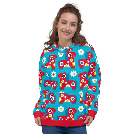 Hoodie - PONY BLOOM turquoise - Happy ponies and flowers print